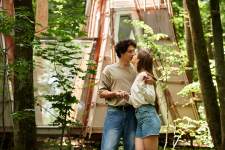 Young couple enjoys a peaceful afternoon, embracing amidst the beauty of lush trees and tranquility.の写真素材