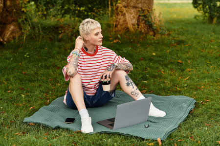 Young woman with tattoos relaxes on a blanket, sipping coffee and working on her laptop outdoors.