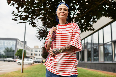 A young woman with a trendy look stands confidently in a park, surrounded by lush greenery.