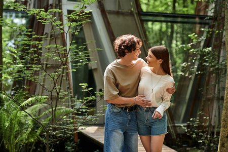 Loving couple shares a joyful moment while surrounded by lush plants in a vibrant park.の写真素材