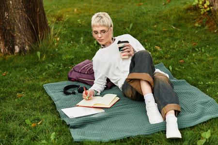 Relaxing on a blanket, a young woman engages in writing with coffee in hand under a tree.の写真素材