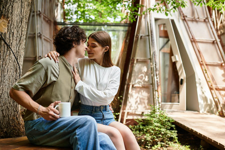 A young couple shares affection and warmth in a serene park, enjoying a quiet moment.の写真素材