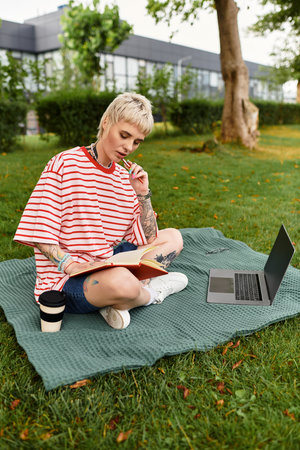 Relaxing in the park, a young stylish woman reads a book while seated on a blanket.