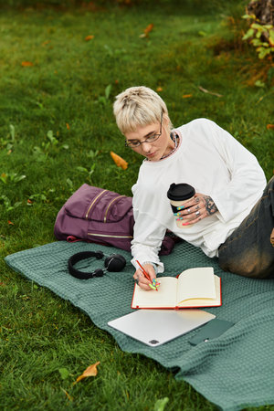 A young woman relaxes on a blanket in the park, sipping coffee and writing ideas.