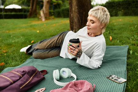 Relaxing in a beautiful park, a young woman sips coffee and embraces natures tranquility.の写真素材