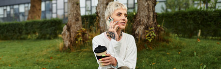 Stylish woman relaxes in the park while sipping coffee and chatting on her phone under the trees.