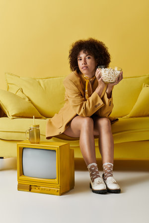 A woman with curly hair in a yellow outfit relaxes on a yellow couch, enjoying snacks and drinks.