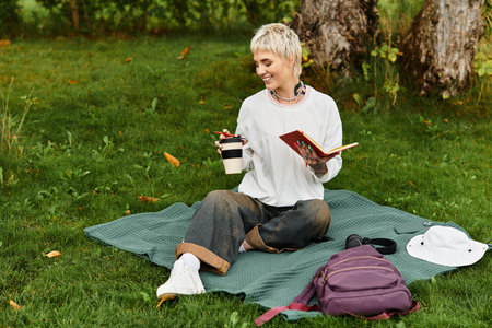 Young stylish woman relaxes in the park, sipping coffee and reading her favorite book.