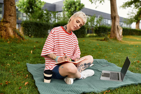 Stylish young woman sits on a blanket in a park, writing in her notebook with a laptop nearby.