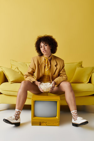 Woman with curly hair models a cheerful yellow outfit while holding a bowl of popcorn.