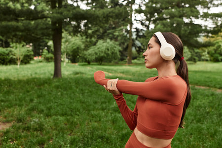 A young beautiful woman is stretching her arms while enjoying the fresh air surrounded by nature.