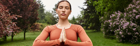 Young woman teaches yoga in a lush garden, focusing on mindfulness and tranquility during practice.