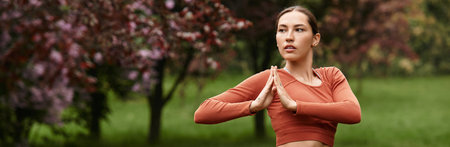A young woman practices yoga poses in a serene park among blooming trees.の写真素材