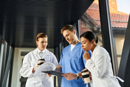 Three diverse medical professionals share crucial patient information in a hospital corridor.