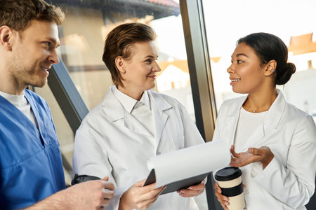 Three multicultural doctors discuss patient care while enjoying coffee in a hospital corridor.の写真素材