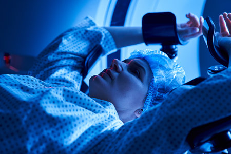 A female patient relaxes in an MRI machine, bathed in calming blue light for evaluation.の写真素材