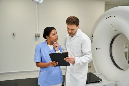 Two doctors review MRI results, prioritizing patient care in a modern hospital setting.の写真素材