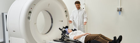 Doctor explains the MRI process while female patient prepares for the scan in a healthcare facility,...