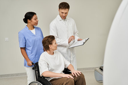 A doctor explains the MRI to a female patient, assisted by an African American nurse.の写真素材