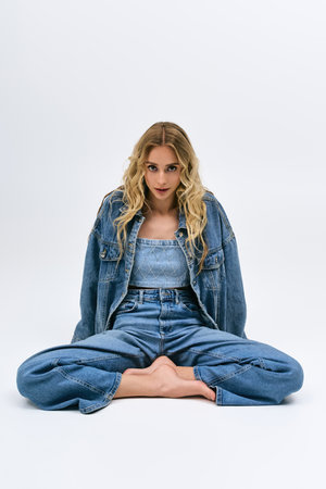 Blonde woman with long hair sits confidently in a stylish denim outfit on the floor.の写真素材