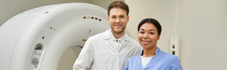 Diverse healthcare professionals focus on conducting an MRI scanner in a modern hospital setting,...