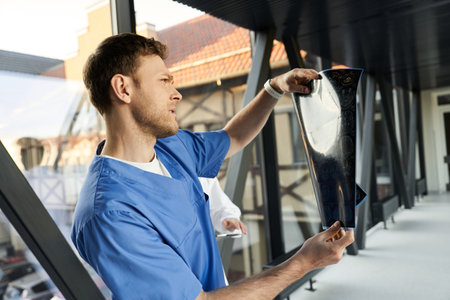 A male doctor reviewing MRI scans together in a modern hospital for patient care.の写真素材