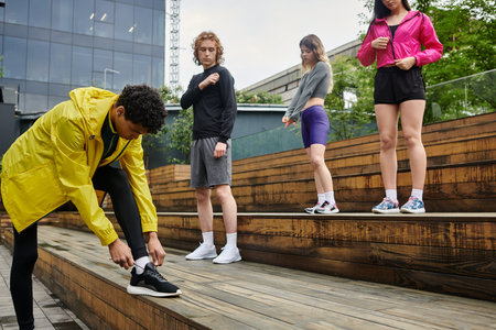 Active and sporty individuals lace up their shoes for a group training session outdoors.