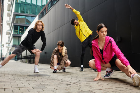 Four sporty individuals prepare their bodies with stretches in a modern city environment.の写真素材