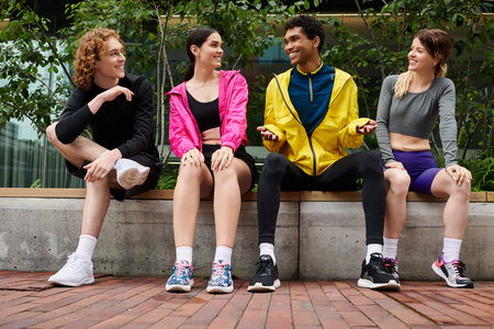 Four young sporty individuals relax on a bench, enjoying their time together in the park.