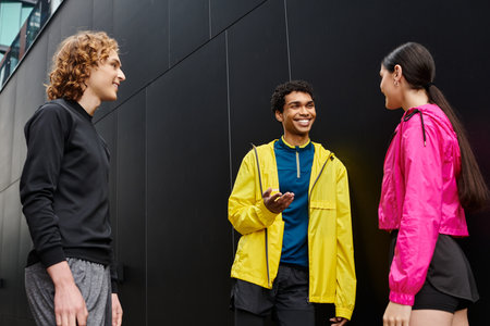 Three sporty young individuals dressed in vibrant clothing share a joyful moment together outside.