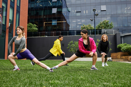 Four sporty individuals perform stretching exercises on lush green grass in a vibrant city setting.