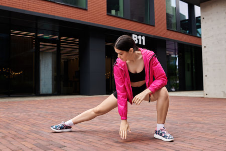 Athletic individual performs a dynamic stretch outdoors amidst modern architecture in vibrant attire