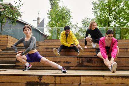 Four athletic individuals engage in stretching exercises in a vibrant outdoor space.の写真素材
