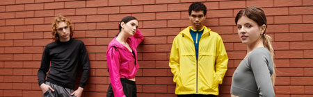 A group of young people in sporty poses by a red brick wall, showcasing vibrant athletic wear.の写真素材