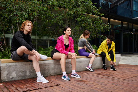 Four energetic friends unwind outdoors, enjoying the moment after an athletic workout together.