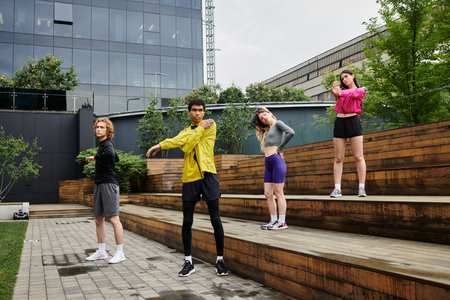 Four energetic young individuals perform warm up stretches in a vibrant urban setting.