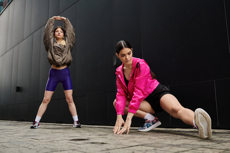 Two sporty individuals engage in synchronized stretching routines in a modern city environment.