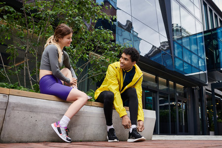 Two athletic individuals interact in a vibrant urban setting, showcasing friendship and energy.の写真素材