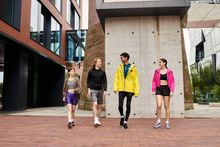 Four sporty individuals engage in a lively stroll through a modern cityscape filled with energy.