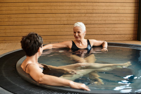 Two beautiful mature women enjoying a tranquil moment together in a spa whirlpool.の写真素材