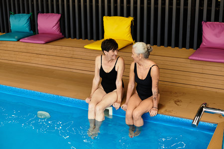 Two lovely mature women enjoy a joyful moment soaking their feet in a wellness center.