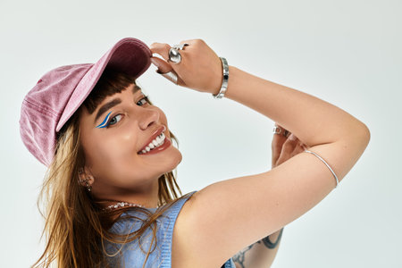 Bright and chic, a young woman expresses her unique style with joyful confidence and flair.