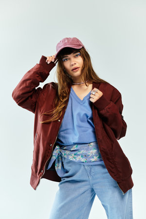 Sporting a chic look, the fashionable young woman poses confidently in her stylish attire.