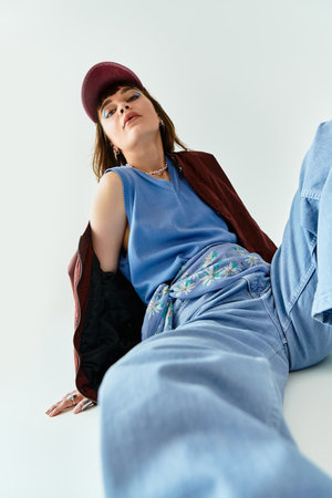 Young woman exhibits unique style with confidence, lounging in chic casual attire indoors.