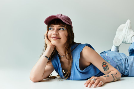 A young woman with stylish attire reclines playfully, showcasing her trendy outfit and accessories.の写真素材