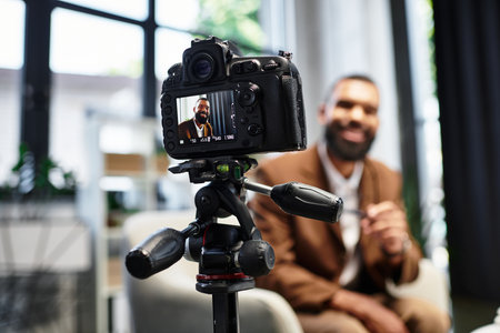 Young man smiles confidently while being interviewed by a woman in a stylish studio.の写真素材