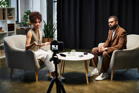 A young woman and man discuss job opportunities in a stylish studio space.