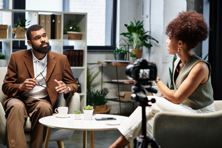 Young man and woman participate in a dynamic interview at a stylish studio space.の写真素材