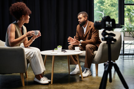 Young man and woman engage in a focused discussion during a interview in a contemporary studio.