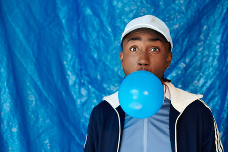 Handsome young man blowing a bubble with blue gum against a vivid blue backdrop, creating joy.